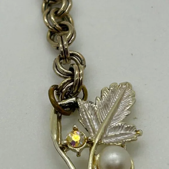 Vintage Judy Lee Gold Tone Necklace Leaf Design Faux Pearls Rhinestones Elegant - Picture 7 of 16